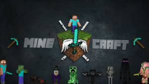 Minecraft角色持劍被生物和工具包圍在深色牆壁上。