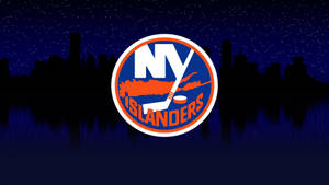 NY Islanders 標誌居中置於星空和水面倒影的夜間城市天際線之上。 — 紐約市 壁紙