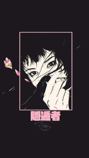短髮戴戒指的動漫女孩透過粉紅色框窗戶看著櫻花。 — 動漫女孩 壁紙