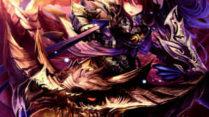 動漫戰士在宇宙戰鬥場景中騎著金色巨龍。 — 藝術 壁紙