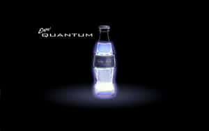 一個發光的藍色Quantum Coca-Cola瓶子，黑色背景上有文字。
