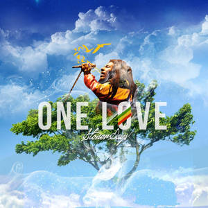 獅子頭說唱歌手在藍天下從樹上唱歌，帶有「One Love」文字。