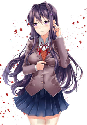 穿著校服、紫色頭髮、周圍有紅色飛濺的動漫女孩。
