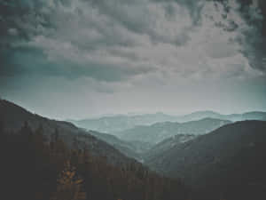 黑暗的暴風雲籠罩著一個被常綠樹木覆蓋的迷霧山谷。