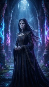 一位穿著深色長袍的奇幻女子站在發光的魔法大教堂中。