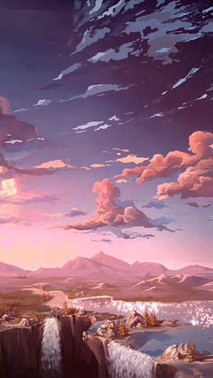 山上的粉紫色天空，發光的瀑布和雲彩 — 雲朵 壁紙