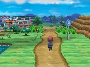像素藝術遊戲場景，訓練員在泥土小徑上走向村莊。