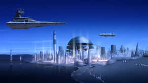 未來外星城市，夜間有飛行的星艦在水面上。 — 天際線 壁紙