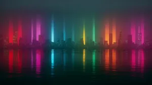 夜間城市天際線,色彩繽紛的垂直霓虹燈倒映在水中
