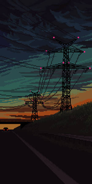 像素化的電線在黑暗道路上方延伸，穿過黃昏天空，遠處有一輛汽車。
