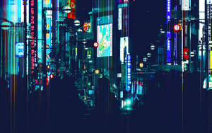 故障效果的霓虹燈招牌照亮了未來主義的城市街道夜景。 — 塗鴉 壁紙