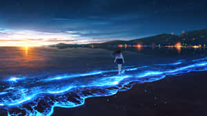 動漫女孩在黃昏時分走在發光的藍色波浪上，上方有城市燈光和星星。 — 海洋 壁紙