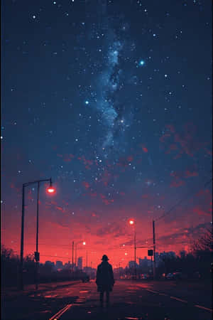 一個戴帽子的人獨自站在街道上，天空是佈滿星星的紅色和藍色，城市燈光閃爍。