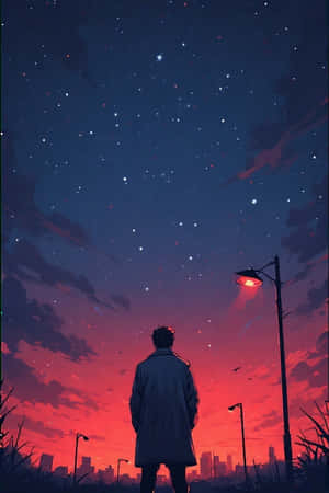 一個穿著外套的人黃昏時獨自站在星空下，遠處有城市燈光。 — 星星 壁紙