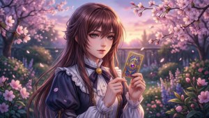 動畫女孩在花園中手持神秘卡片，被暮色中的櫻花環繞。