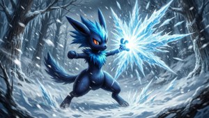 藍色狐狸狀生物橙色眼睛在雪地森林發射冰能量