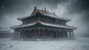 暴風雪中覆蓋著白雪的古老寺廟，伴隨著黑暗的風暴雲。