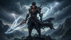 一位手持發光劍的戰士在雷暴中站在山上。 — 英雄聯盟 壁紙
