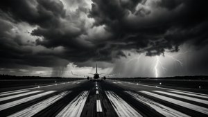 在暴風雨和閃電下的跑道上的一架飛機。 — ROG Ally 壁紙