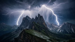 在猛烈的夜間暴風雨中，閃電照亮了崎嶇的山脈。