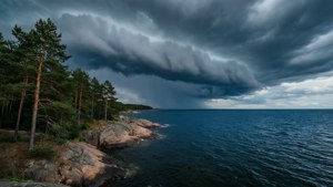 暴風雲聚集在松樹林覆蓋的岩石海岸和深藍色海洋上空。