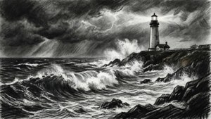 燈塔在詳細的黑白素描中抵禦暴風雨的大海和閃電