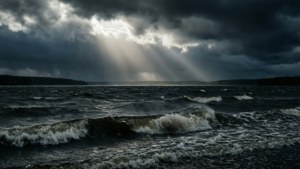 暴風雨中的海洋，陽光穿過烏雲照射在洶湧的波浪上。