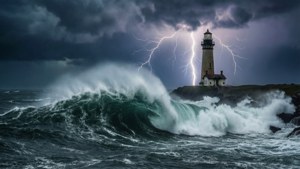 燈塔在閃電的暴風雨天空下承受著撞擊的海浪。