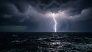 閃電在暴風雨中擊中海洋，天空佈滿烏雲。