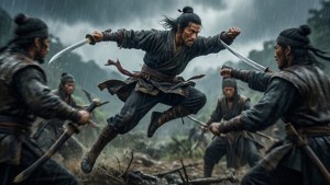 武士戰士穿過雨水跳躍，在森林中與多個敵人戰鬥。