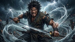 暴風雨中揮劍的武士戰士，被水和閃電包圍。