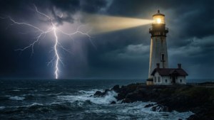 燈塔在暴風雨之夜閃耀，海洋上空有閃電