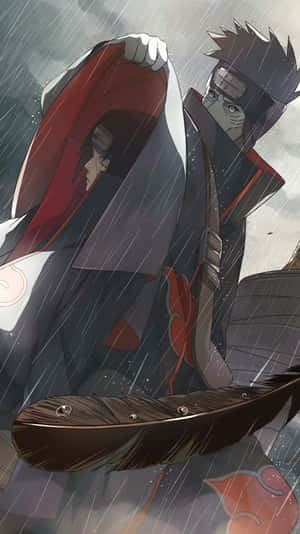 雨中戴面具的動漫戰士，一個拿著紅色斗篷，另一個拿著羽毛武器。 — 曉 壁紙