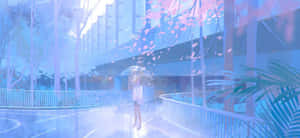 一個女孩撐著傘走在橋上，粉紅色花瓣在藍色霧景中飄落。 — 插畫 壁紙
