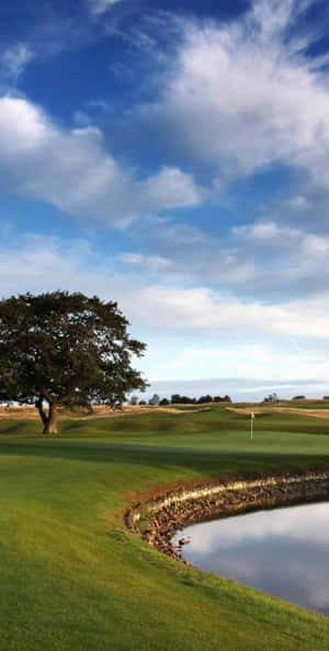 藍天下有水障礙和樹的高爾夫球場 — 4K 高爾夫球場 壁紙