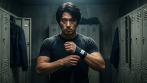 一名專注的運動員在光線昏暗的更衣室中做準備。