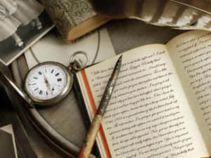 復古懷錶、打開的書、鋼筆和舊照片。