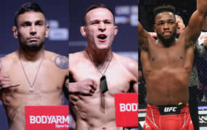 三位UFC拳手在稱重活動中展現決心和勝利姿勢。