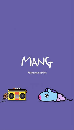 卡通手提音響和老鼠在紫色背景上，帶有文字MANG和標籤dancingmachine。