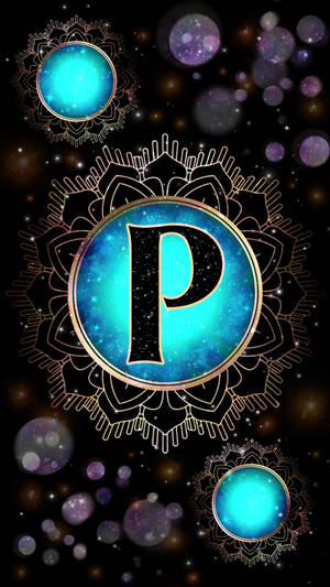 一個風格化的字母P，位於宇宙藍色球體中，帶有曼陀羅設計和漂浮球體。