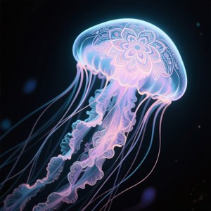 一隻發光的水母帶有曼陀羅圖案漂浮在黑暗的水中
