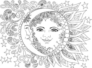 微笑的彎月，帶有華麗圖案和星星，以黑白線條藝術呈現。 — 曼達洛人 GIF 壁紙