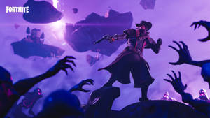 Fortnite牛仔角色在浮石上持槍，周圍有伸出的手。