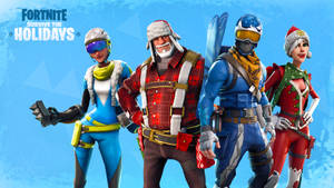 四個穿著冬季假期服裝的 Fortnite 角色為節慶活動擺姿勢。