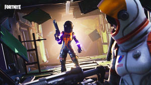 Fortnite太空人在破碎太空船內手持發光武器