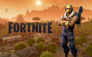 Fortnite 角色在一個風格化的小鎮，背景是日落時分的山脈和遊戲標誌。