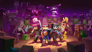 Minecraft玩家在紫色照明的黑暗地牢中與殭屍戰鬥。