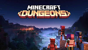 Minecraft Dungeons角色在暮色中俯瞰一個發光的村莊。