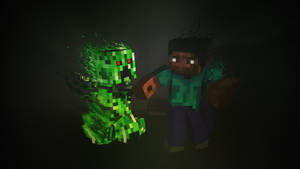 Minecraft玩家在黑暗森林中面對發光的苦力怕。