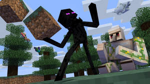 Minecraft的Enderman和喪屍豬人在一個有浮動方塊的像素化森林中。